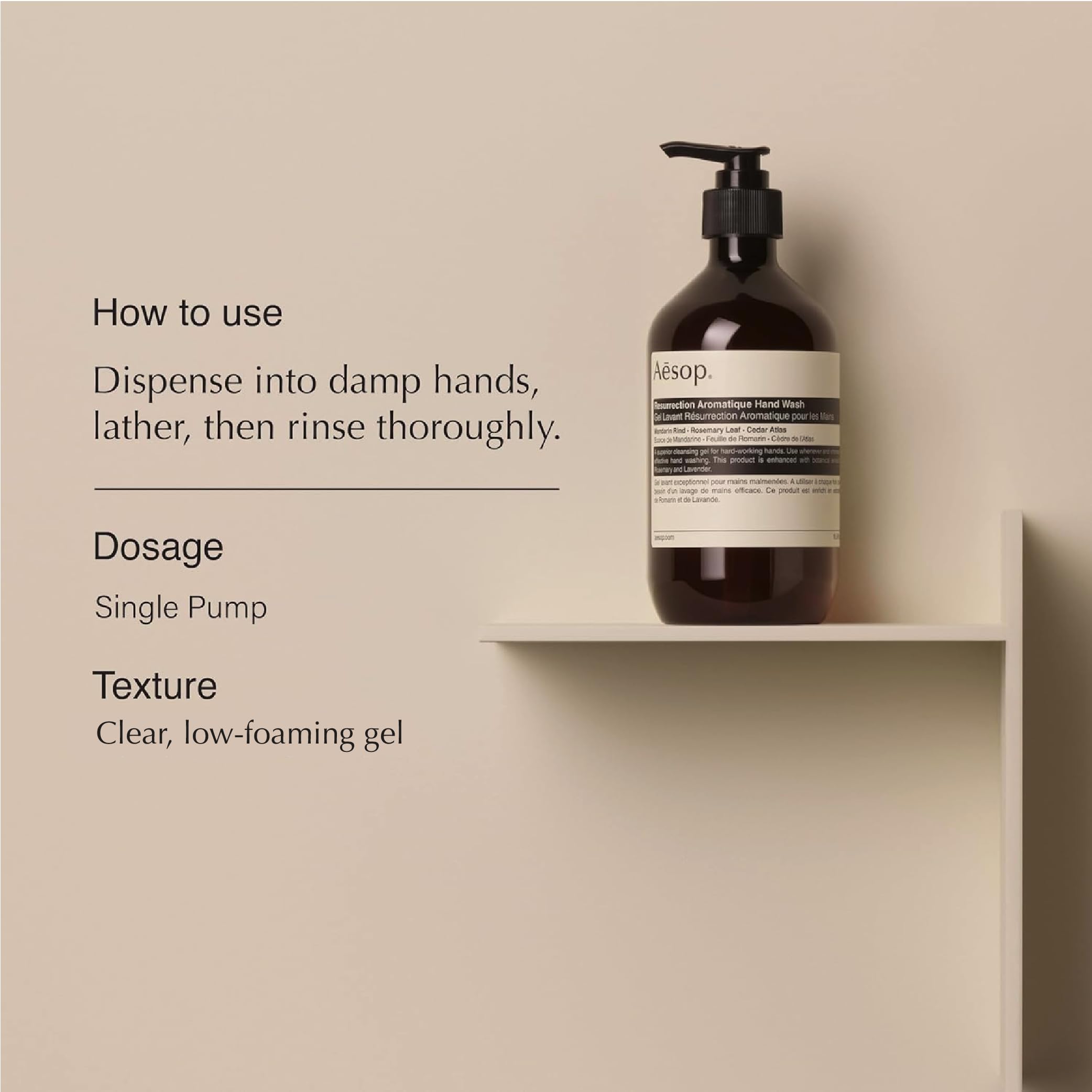 Aesop Resurrection Aromatique Hand Wash front bottle displays elegant design for daily hydrating cleansing.