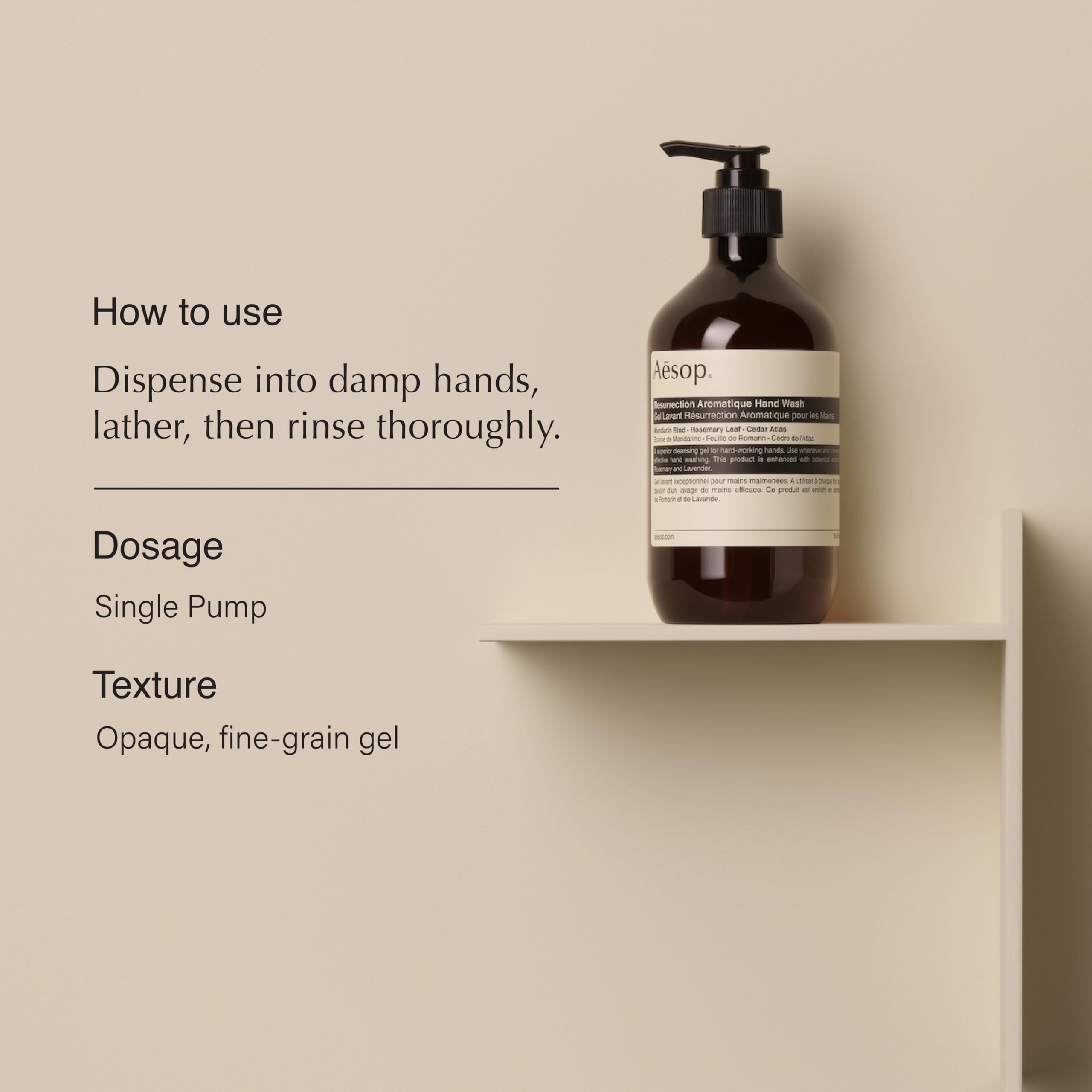 Aesop Resurrection Aromatique Hand Wash pump close-up highlights essential oils for a sensory cleanse.