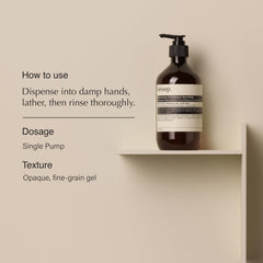 Aesop Resurrection Aromatique Hand Wash pump close-up highlights essential oils for a sensory cleanse.
