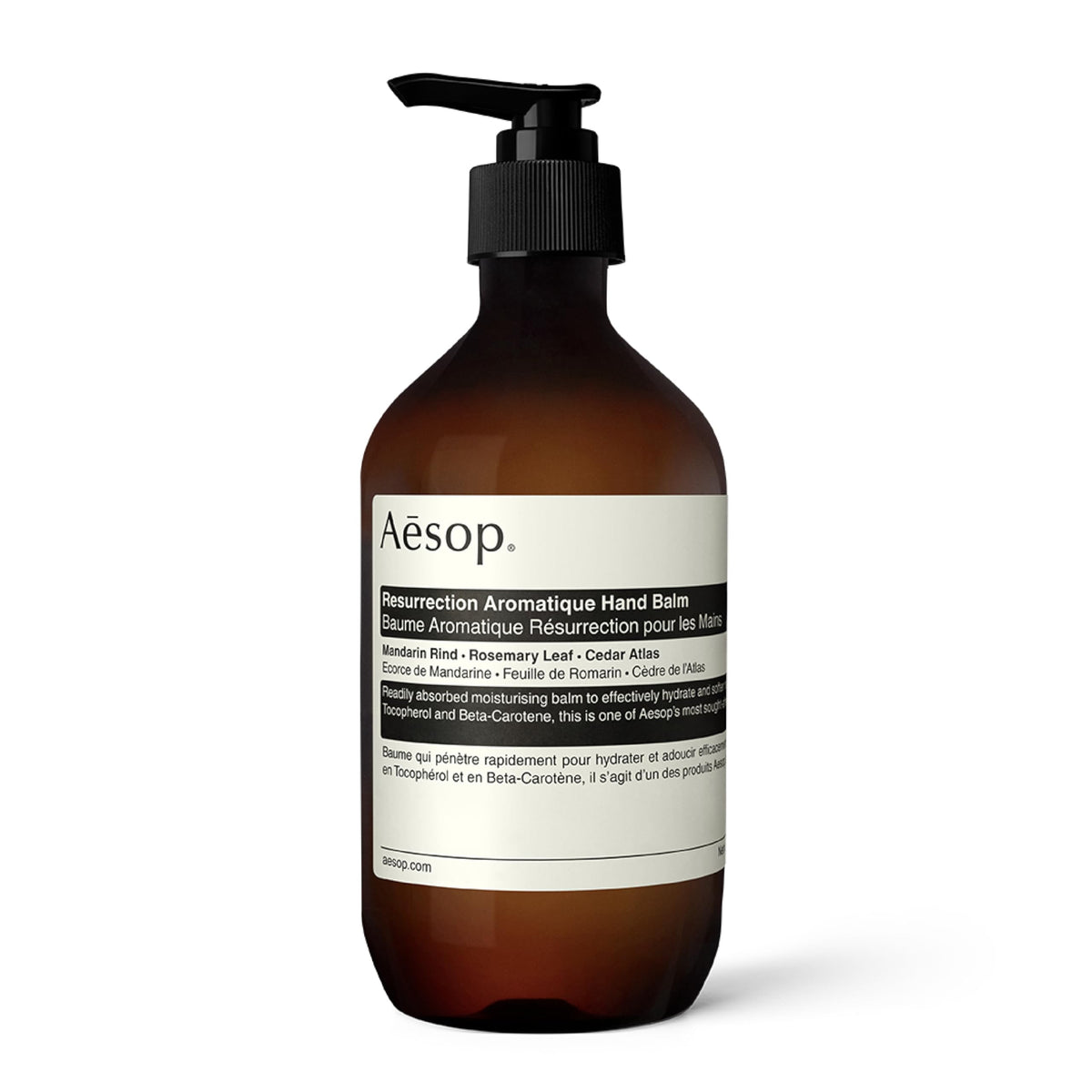 Aesop Resurrection Aromatique Hand Balm jar showing rich moisturizer for dry hands and cuticles.