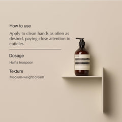 Aesop Resurrection hand balm texture closeup highlighting creamy hydration and slip.
