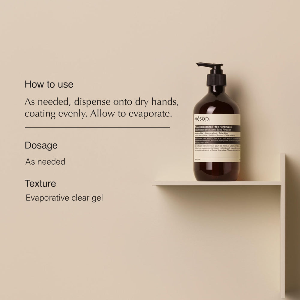 Aesop Resurrection Rinse-Free Hand Wash pump dispensing gel for on-the-go cleanliness.