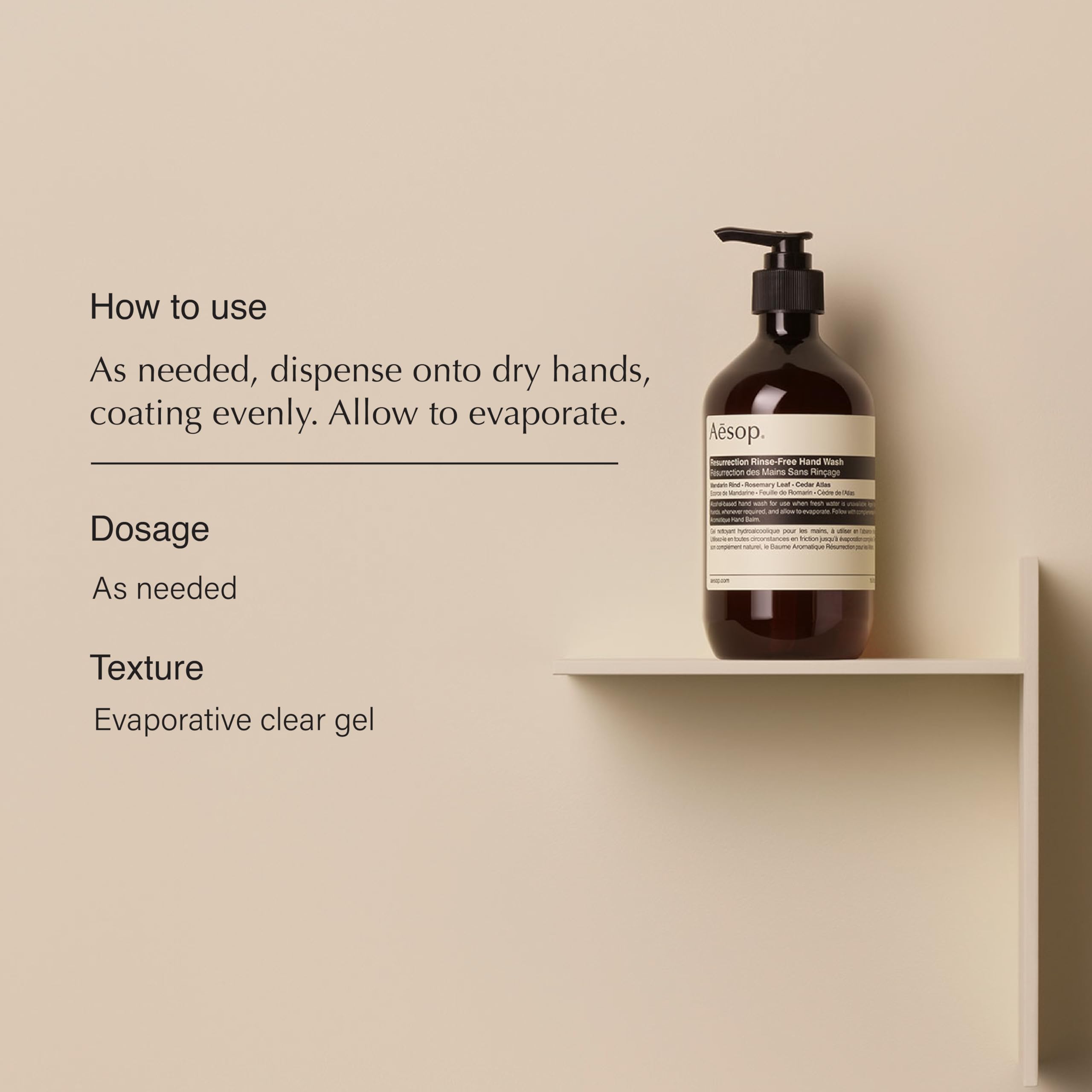 Aesop Resurrection Rinse-Free Hand Wash label highlights mandarin and bergamot fragrances for refreshing scent.