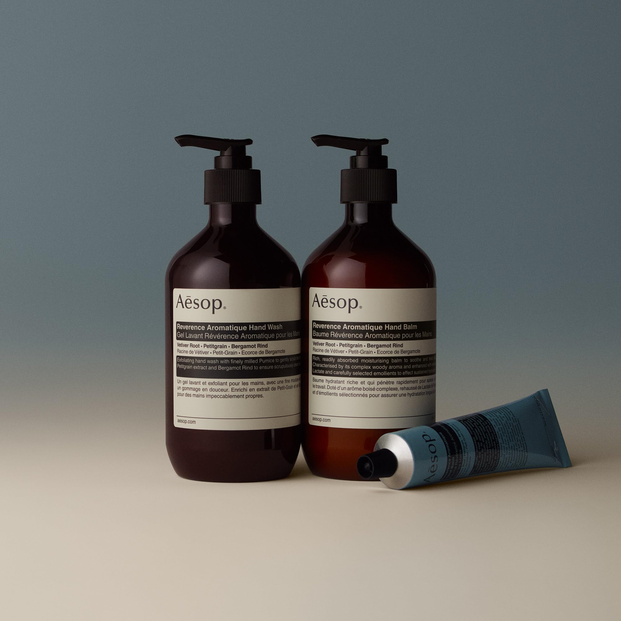 Aesop Reverence aromatics close-up emphasizes smoky vetiver and citrus notes.