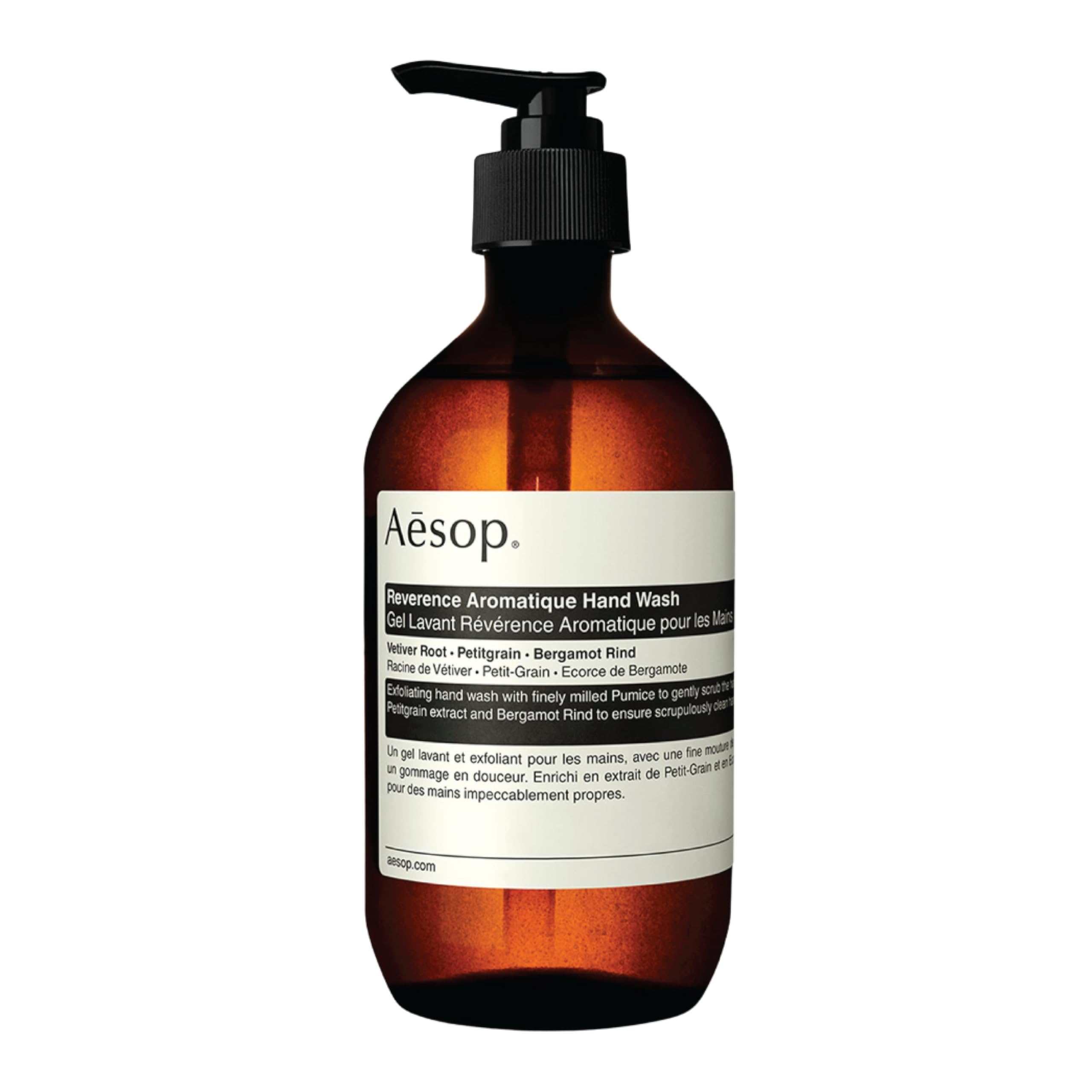Aesop Reverence Aromatique Hand Wash bottle promotes luxurious cleansing and gentle exfoliation.