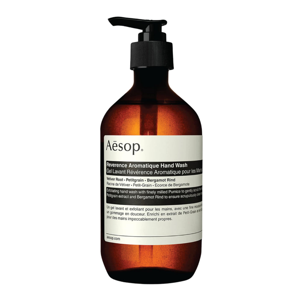 Aesop Reverence Aromatique Hand Wash bottle promotes luxurious cleansing and gentle exfoliation.