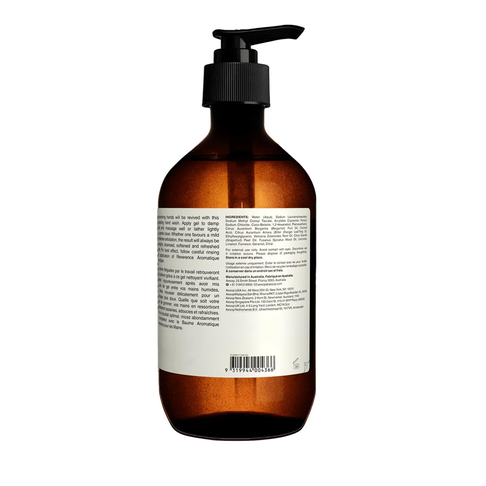 Aesop Reverence Aromatique Hand Wash brand-label shot communicates vegan, sustainable branding.
