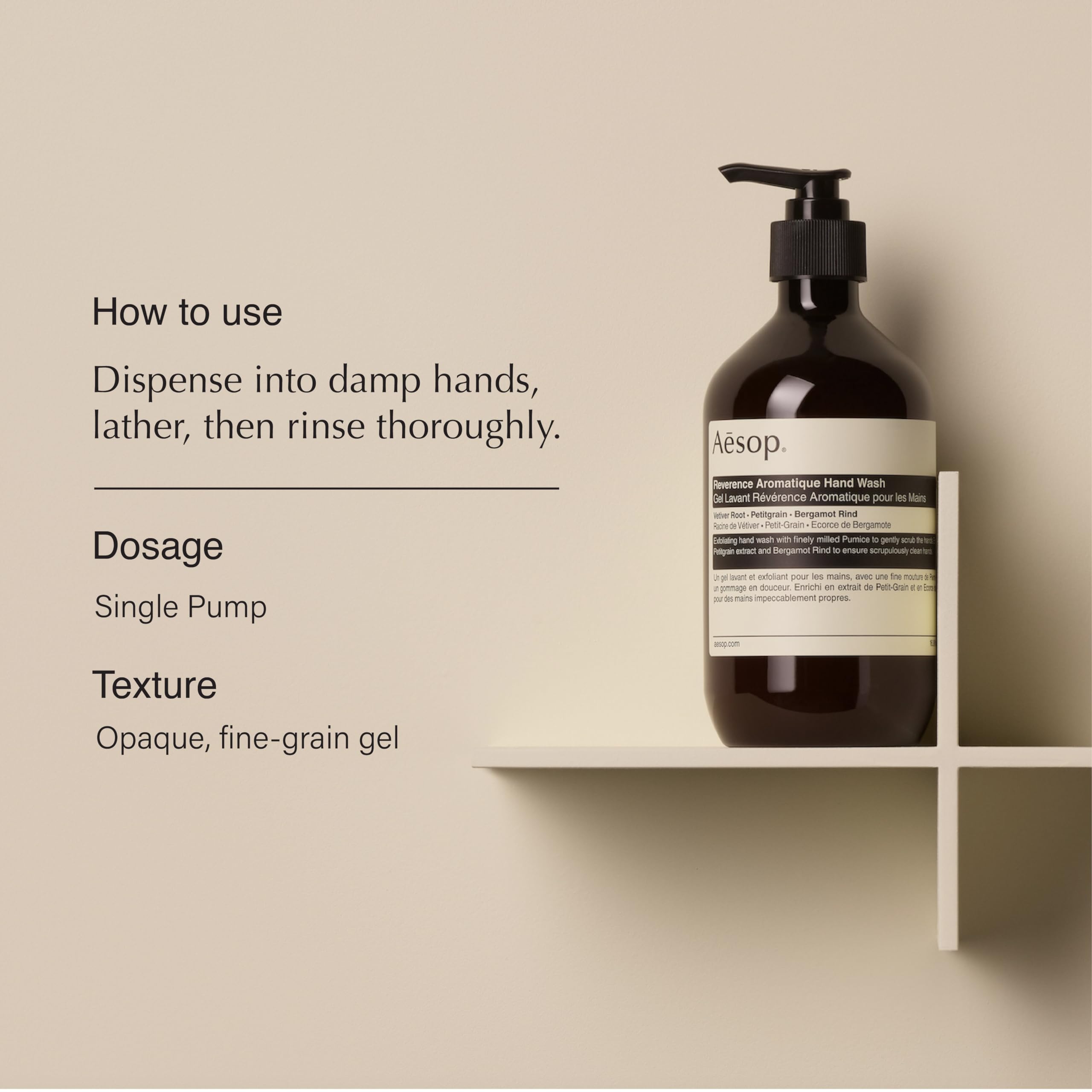 Aesop Reverence Aromatique Hand Wash pour stream creates quick, even lathers.