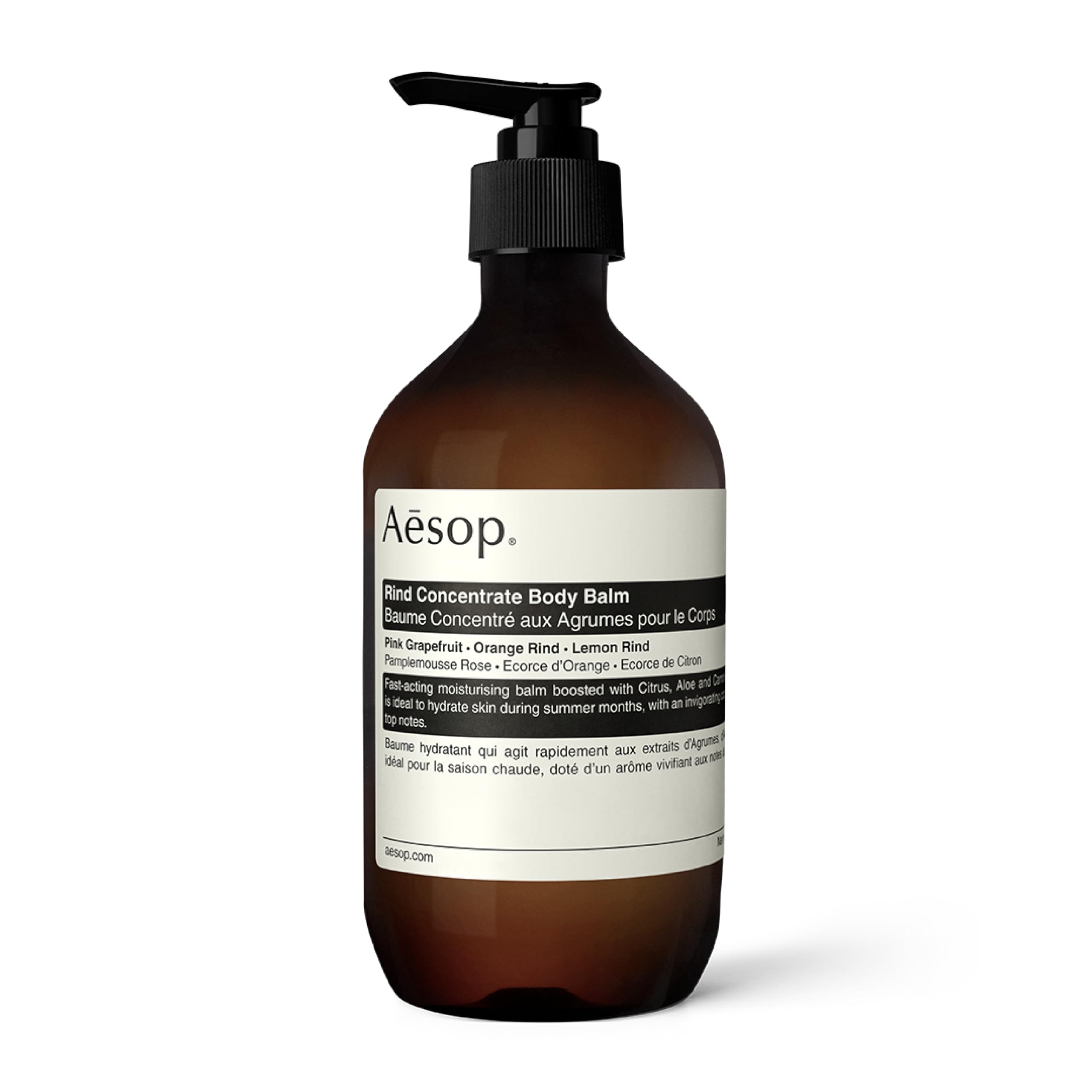 Aesop Rind Concentrate Body Balm bottle with citrus branding for quick-absorbing hydration.