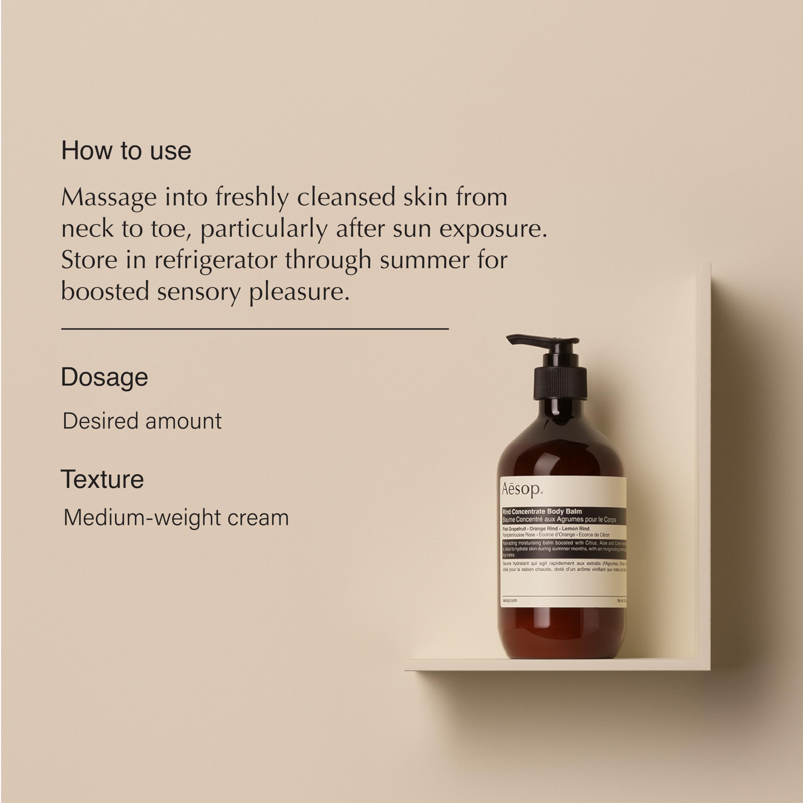 Close-up of Aesop Rind Concentrate Body Balm texture showing creamy, fast hydration on skin.
