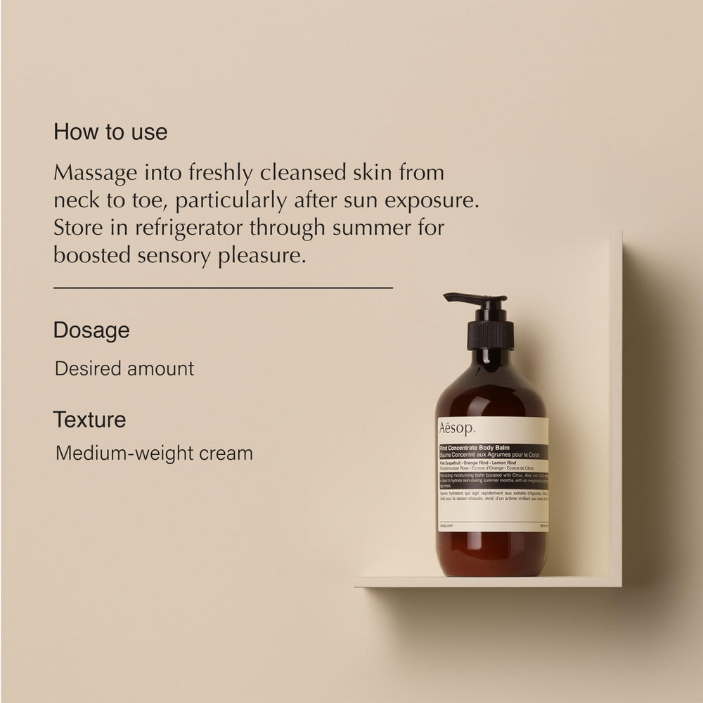 Close-up of Aesop Rind Concentrate Body Balm texture showing creamy, fast hydration on skin.
