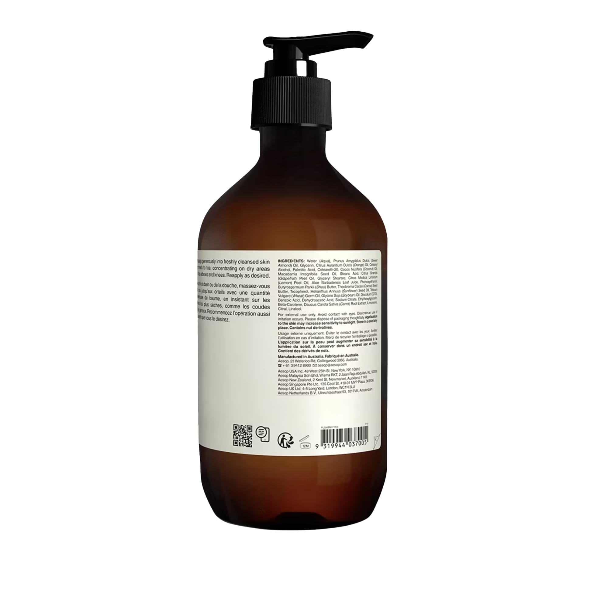 Vegan and cruelty-free labeling on Aesop Rind Concentrate Body Balm packaging.