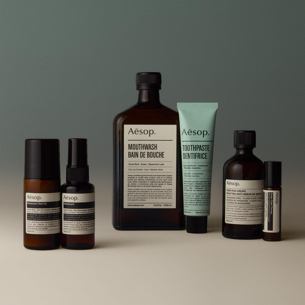 Aesop Roll On Deodorant after-bath use scenario illustrating convenient daily care