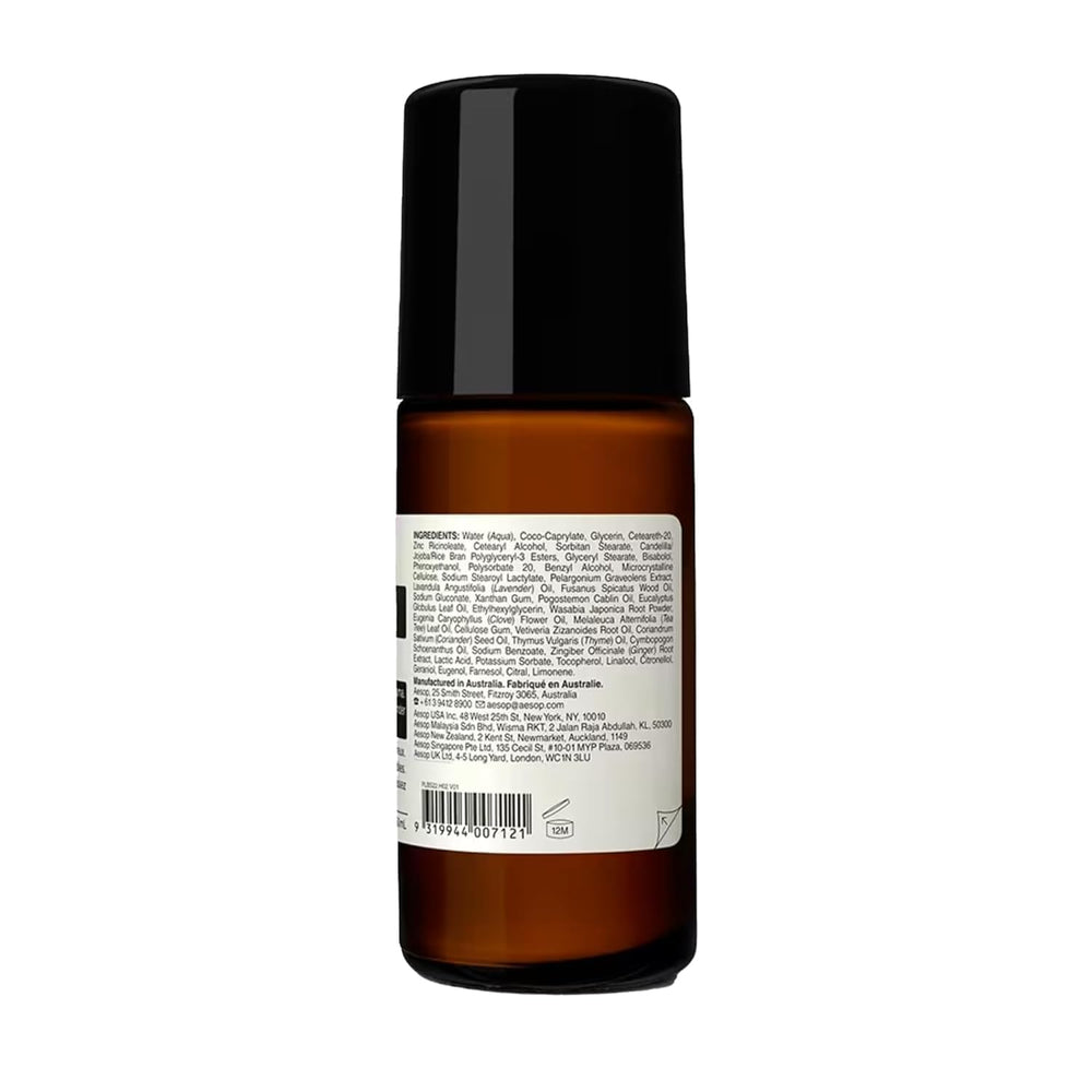 Aesop Roll On Deodorant aroma profile illustrating woody, herbaceous, earthy notes