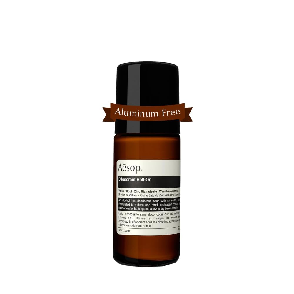Aesop Roll On Deodorant bottle closeup with alcohol-free formula for gentle underarm care