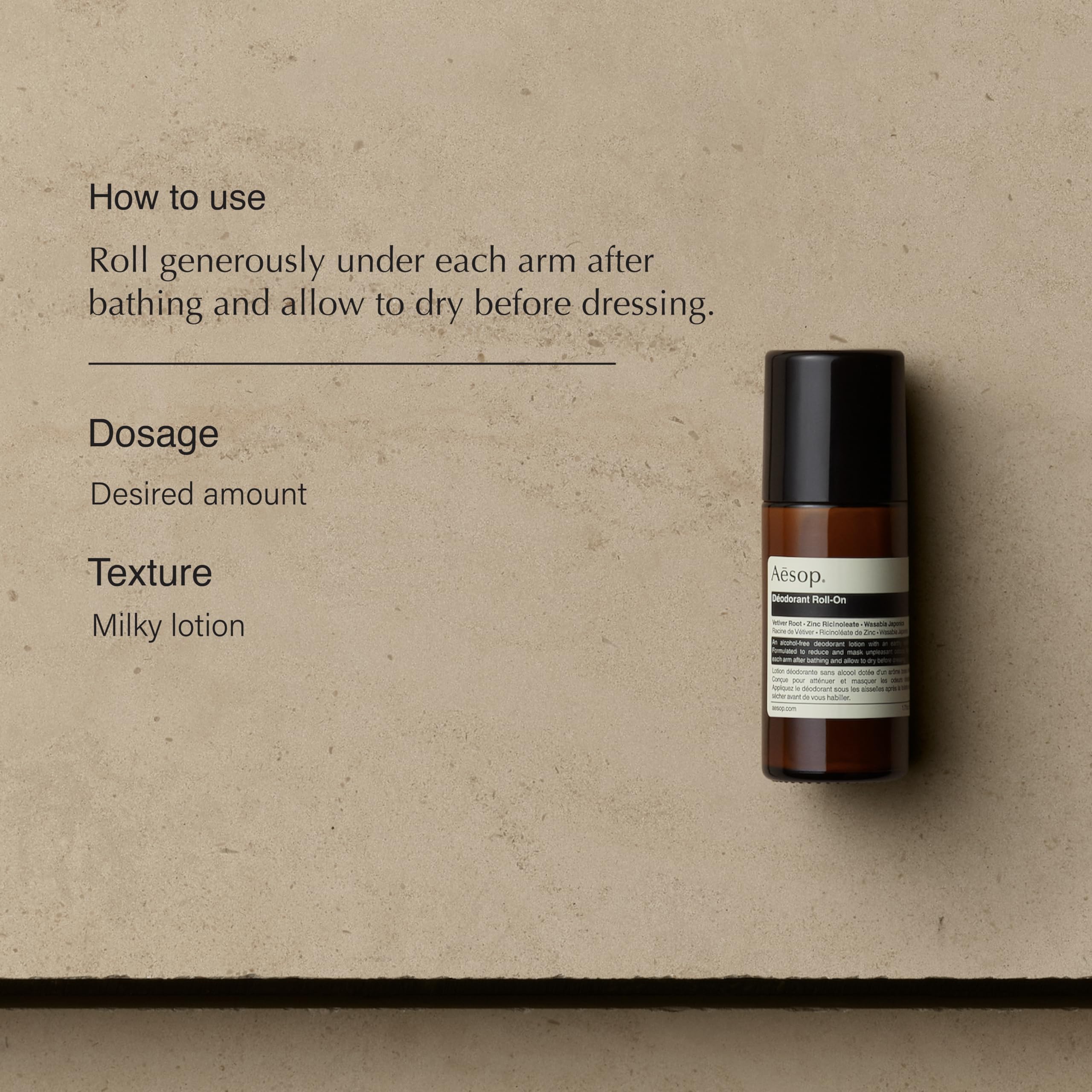 Aesop Roll On Deodorant underarm application demonstrates quick-dry, odor-control use