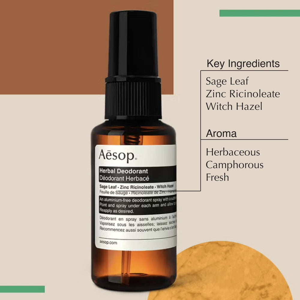 Aesop Sage Leaf and Witch Hazel in Herbal Deodorant Spray for balanced odor control.