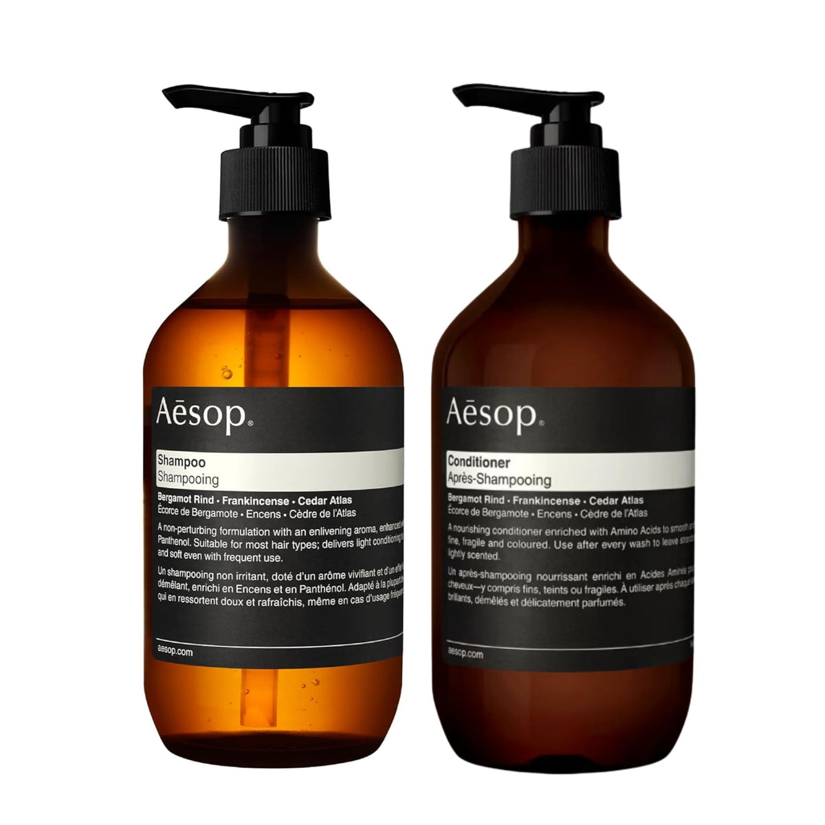 Aesop Shampoo bottle with frankincense highlights hydrates and refreshes scalp.