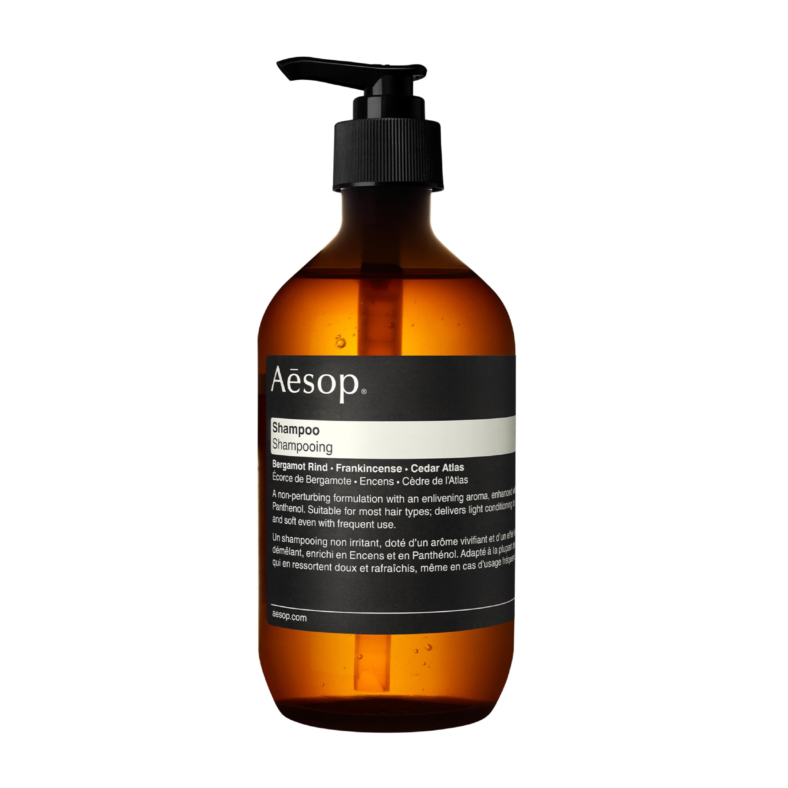 Aesop shampoo bottle pour demonstrates easy daily cleansing with a refreshing feel.