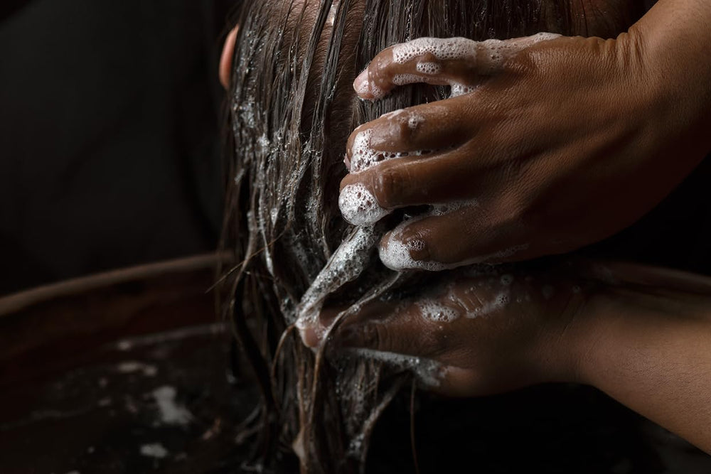 Aesop shampoo lather texture shows rich foam for thorough cleansing.