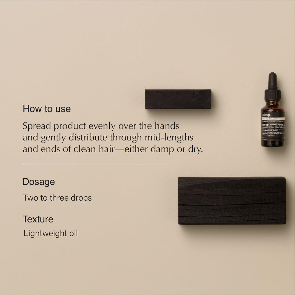 Aesop Shine Oil drops on hand illustrating lightweight nourishment for damp hair.