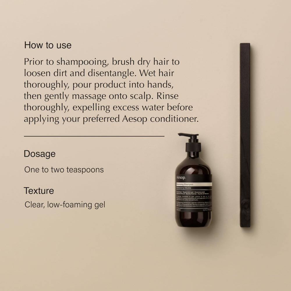 Aesop Volumizing Shampoo bottle-side view highlighting vegan care