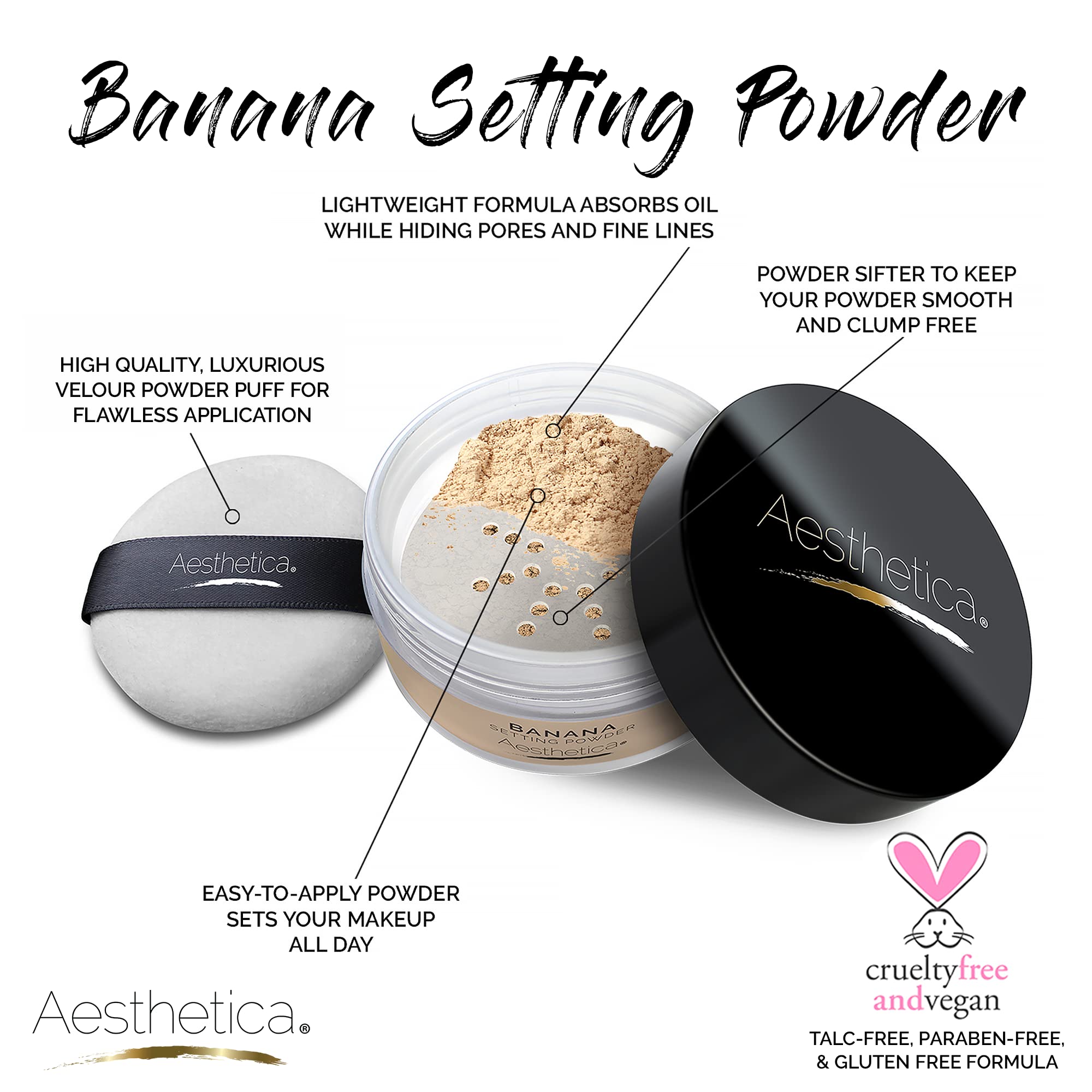 Aesthetica Banana Loose Setting Powder with velour puff for on-the-go touch-ups