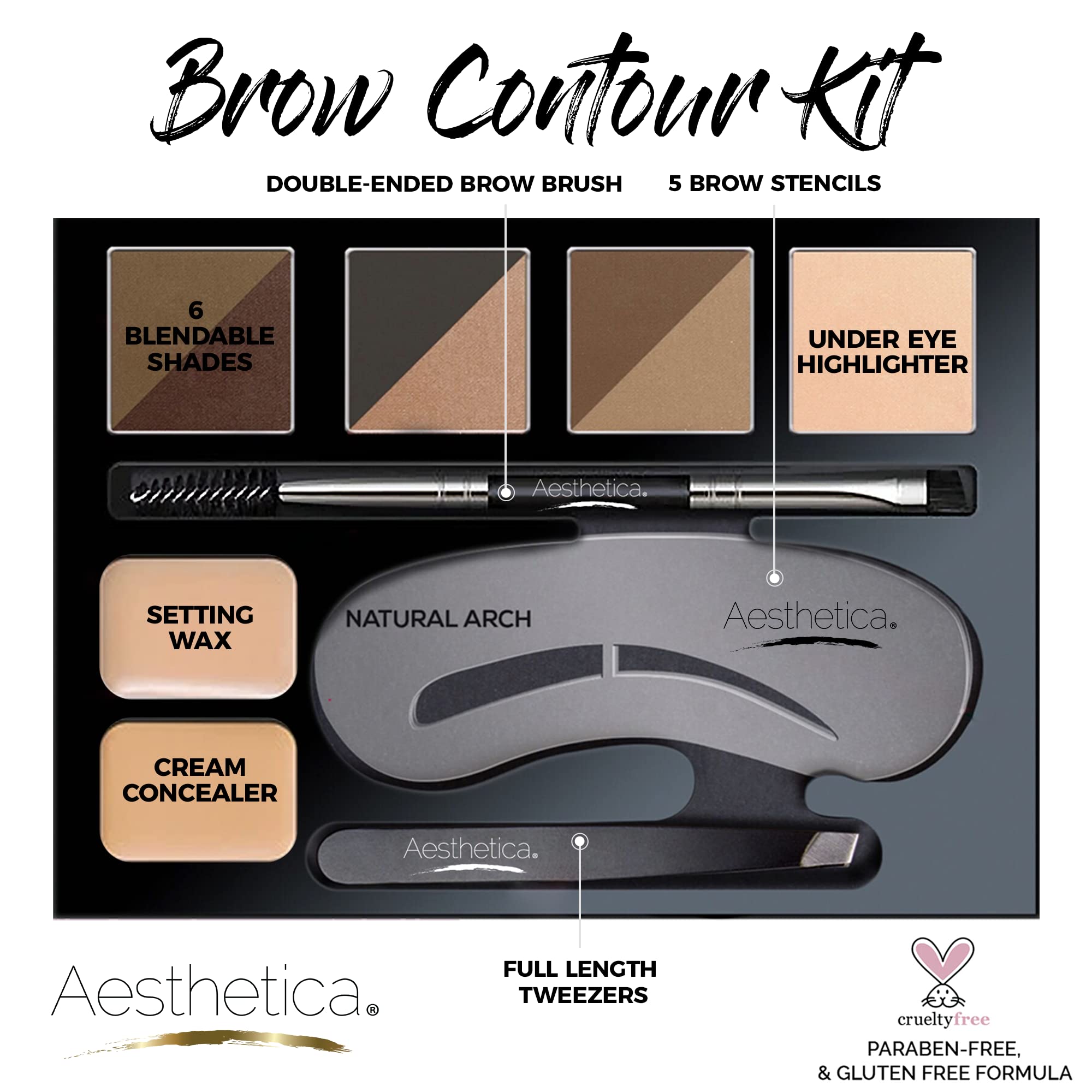 Aesthetica Brow Contour Kit color swatches show rich tones for matched brow color