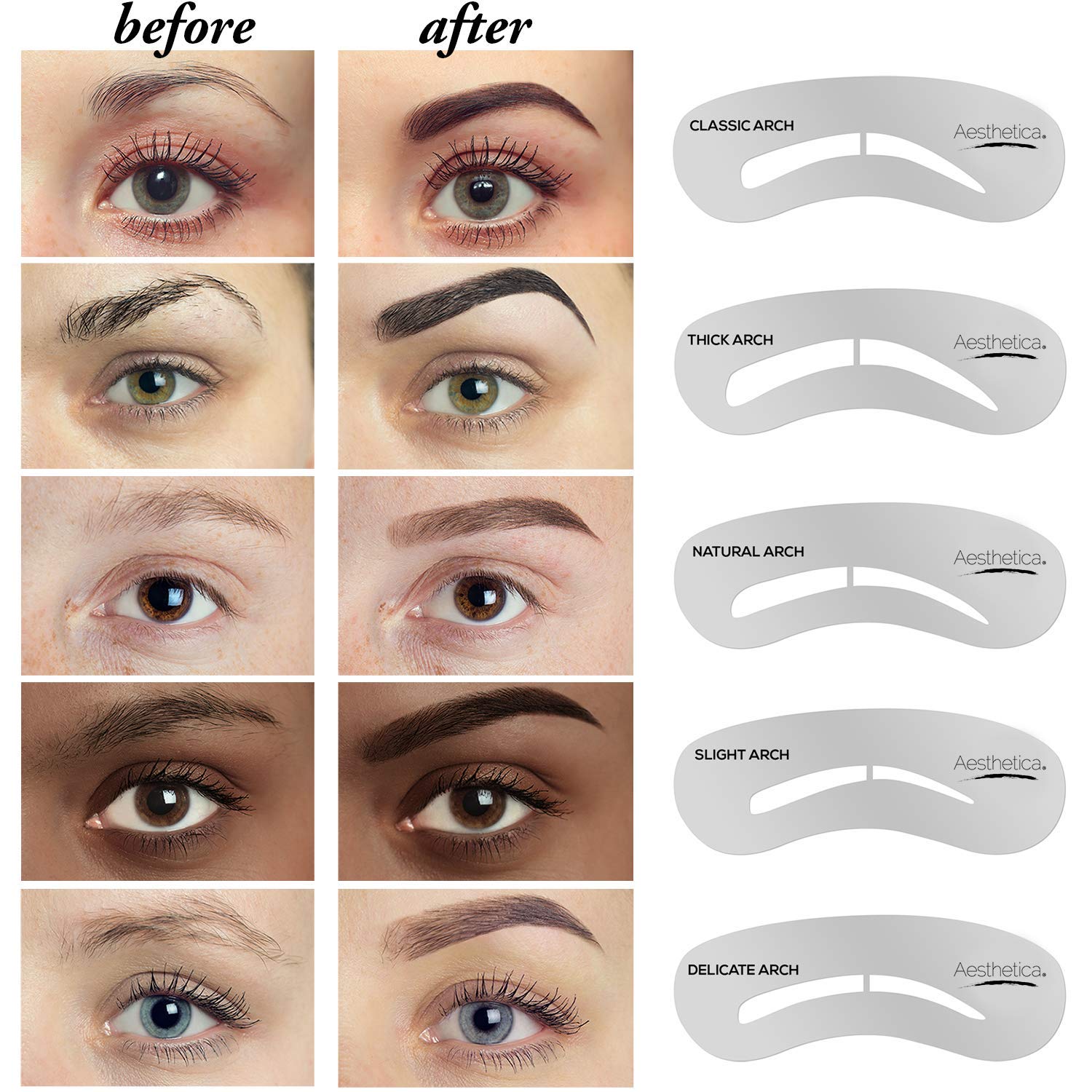 Aesthetica Brow Contour Kit stencils arranged for classic and modern brow shapes