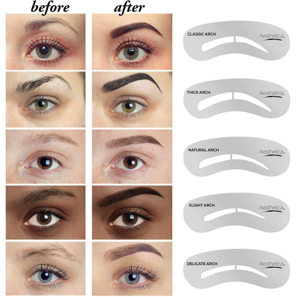 Aesthetica Brow Contour Kit stencils arranged for classic and modern brow shapes
