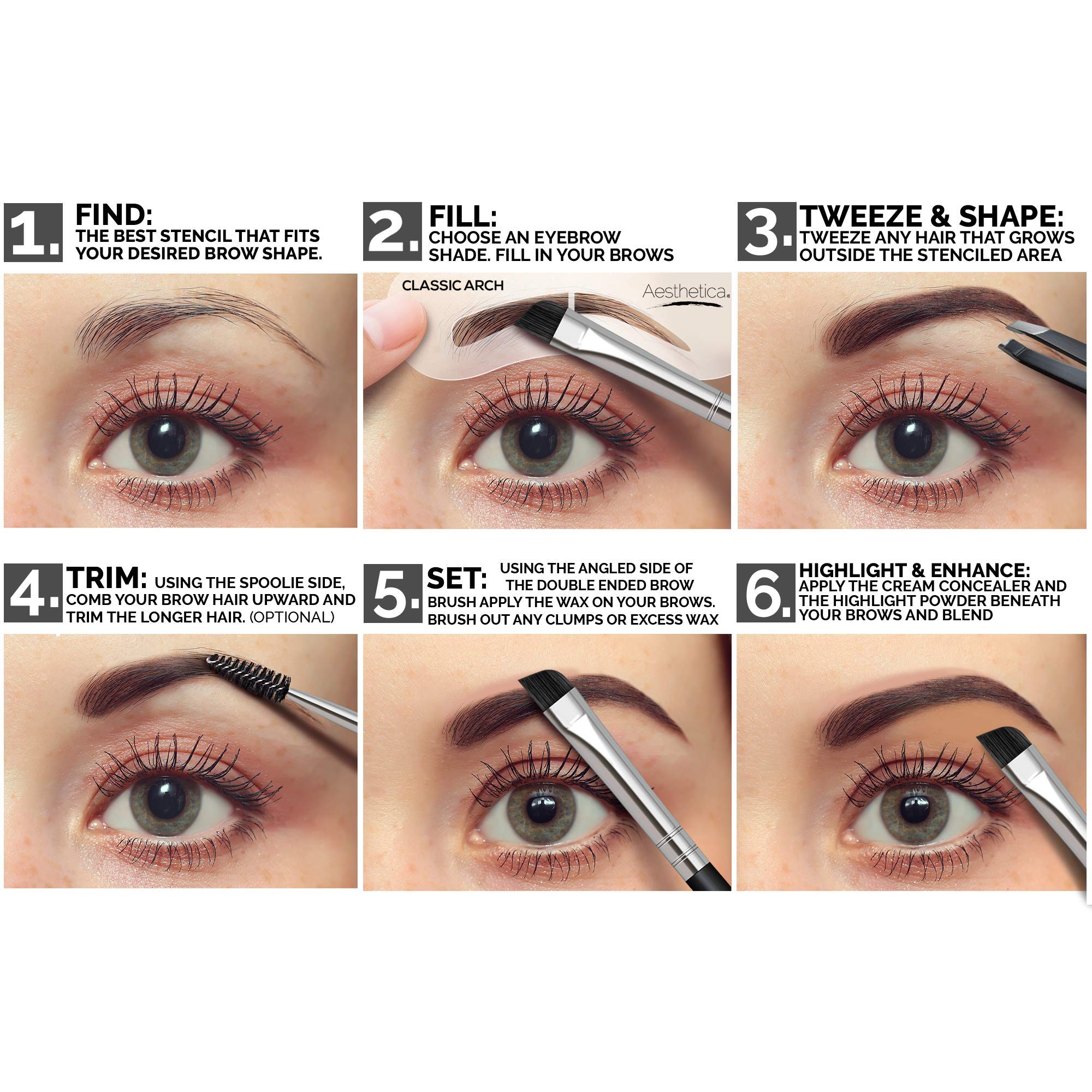 Aesthetica Brow Contour Kit tweezers and spoolie in use for precise grooming