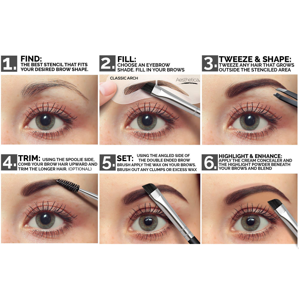 Aesthetica Brow Contour Kit tweezers and spoolie in use for precise grooming