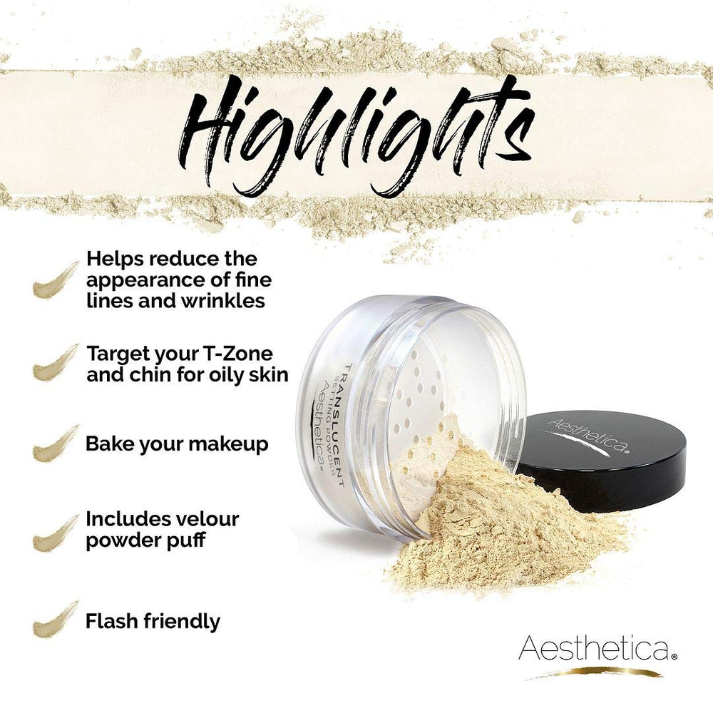 Aesthetica translucent setting powder on cheeks provides a soft matte finish