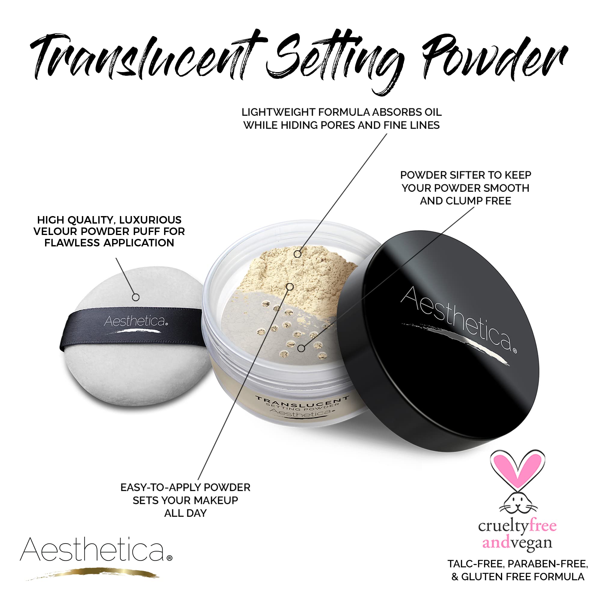 Aesthetica translucent setting powder swatch on skin showing sheer matte finish