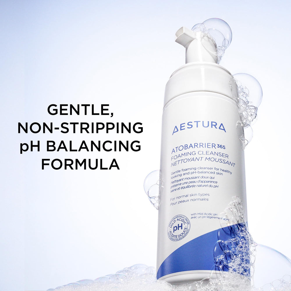 AESTURA ATOBARRIER365 foam texture closeup highlighting pre-foamed formula for gentle cleansing.