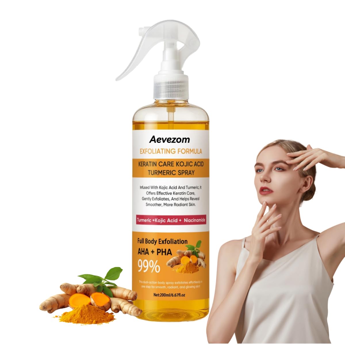 Aevezom Body Keratin Care Turmeric Spray bottle closeup for exfoliating mist and smoother skin.
