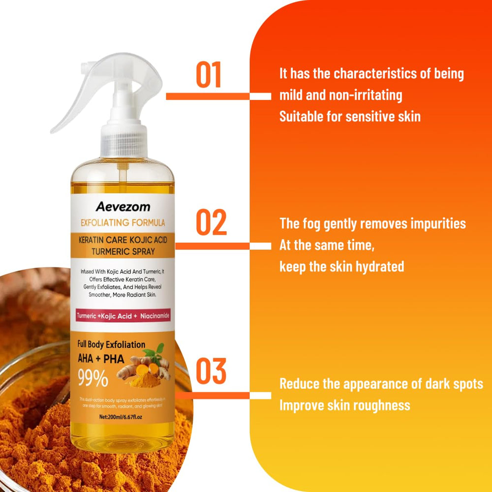 Aevezom Body Keratin Care Turmeric Spray with turmeric and vitamin C for radiant glow.