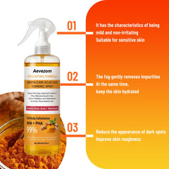 Aevezom Body Keratin Care Turmeric Spray with turmeric and vitamin C for radiant glow.
