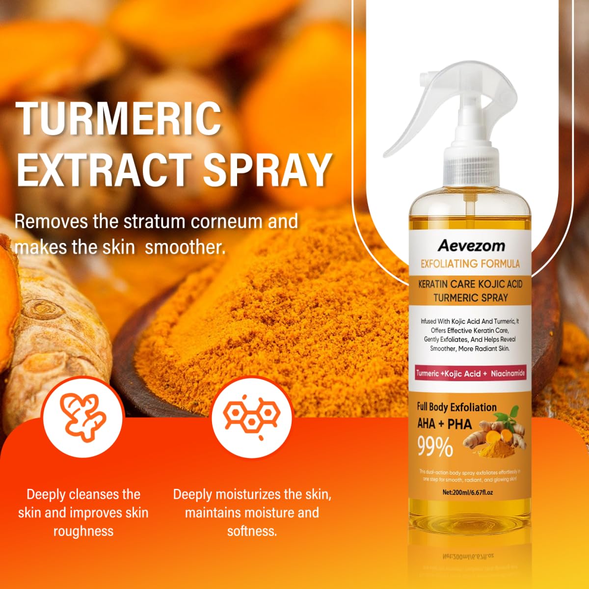 Aevezom Body Keratin Care Turmeric Spray mist on arm showing even coverage.