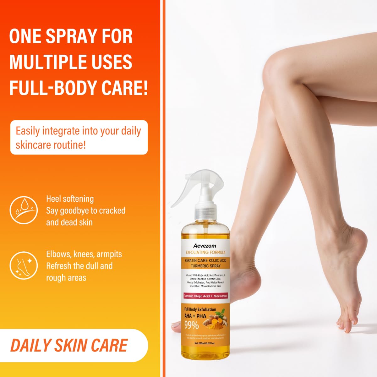 Aevezom Body Keratin Care Turmeric Spray travel bottle for on-the-go refresh.