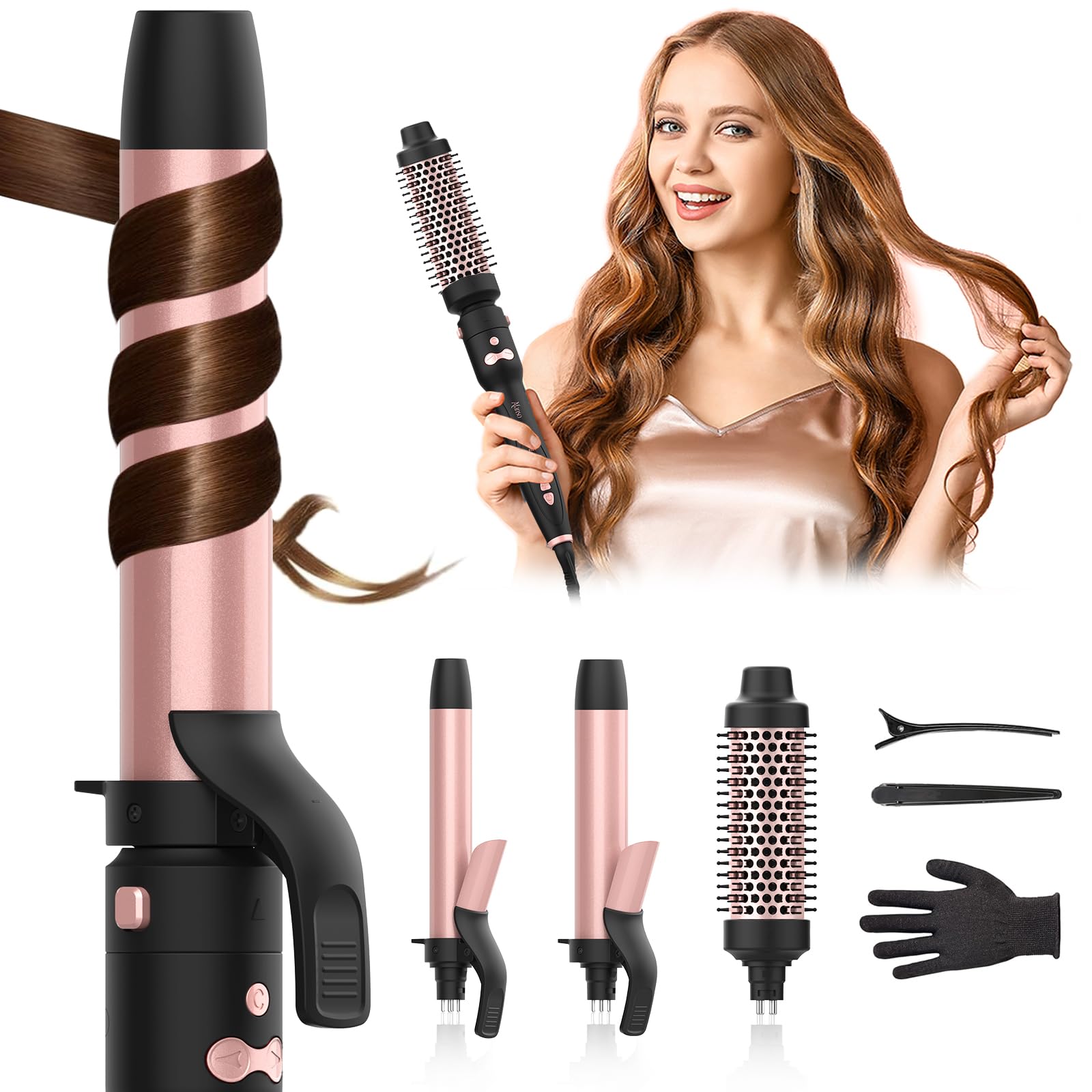 AFANSO rotating curling iron set with 1-inch barrel delivers smooth curls and beachy waves.
