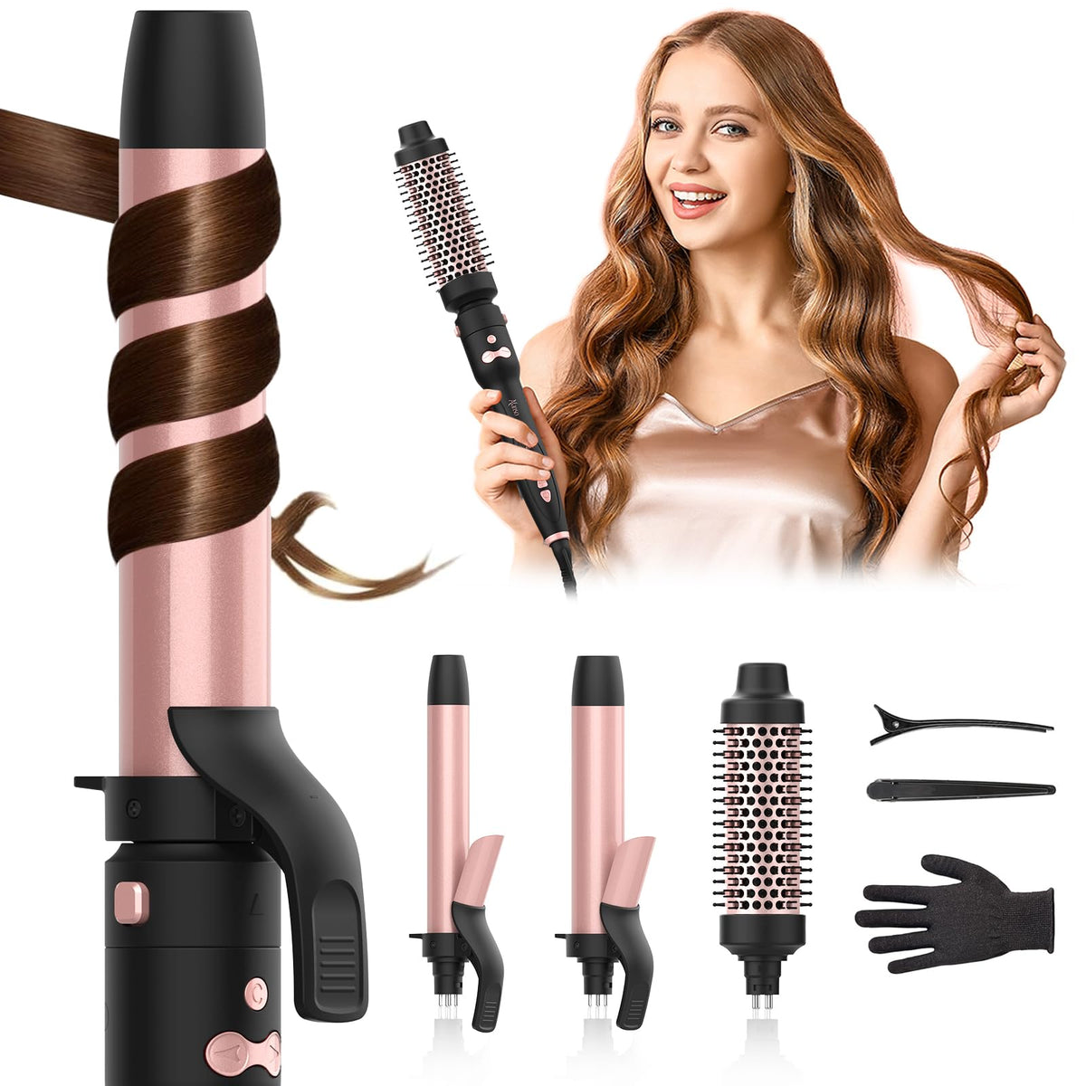 AFANSO rotating curling iron set with 1-inch barrel delivers smooth curls and beachy waves.