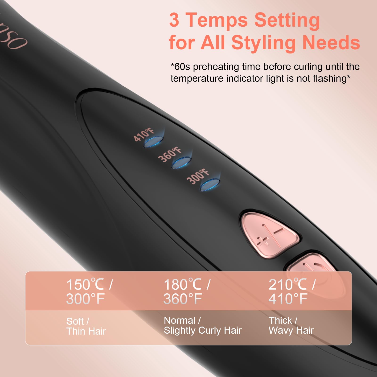 AFANSO automatic curling iron with three heat settings supports various hair types.