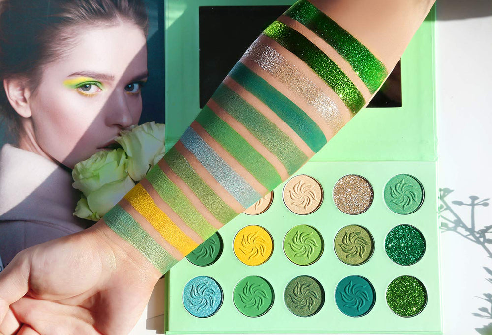 Afflano green eyeshadow palette matte swatches demonstrate soft blendable formulas for natural looks.