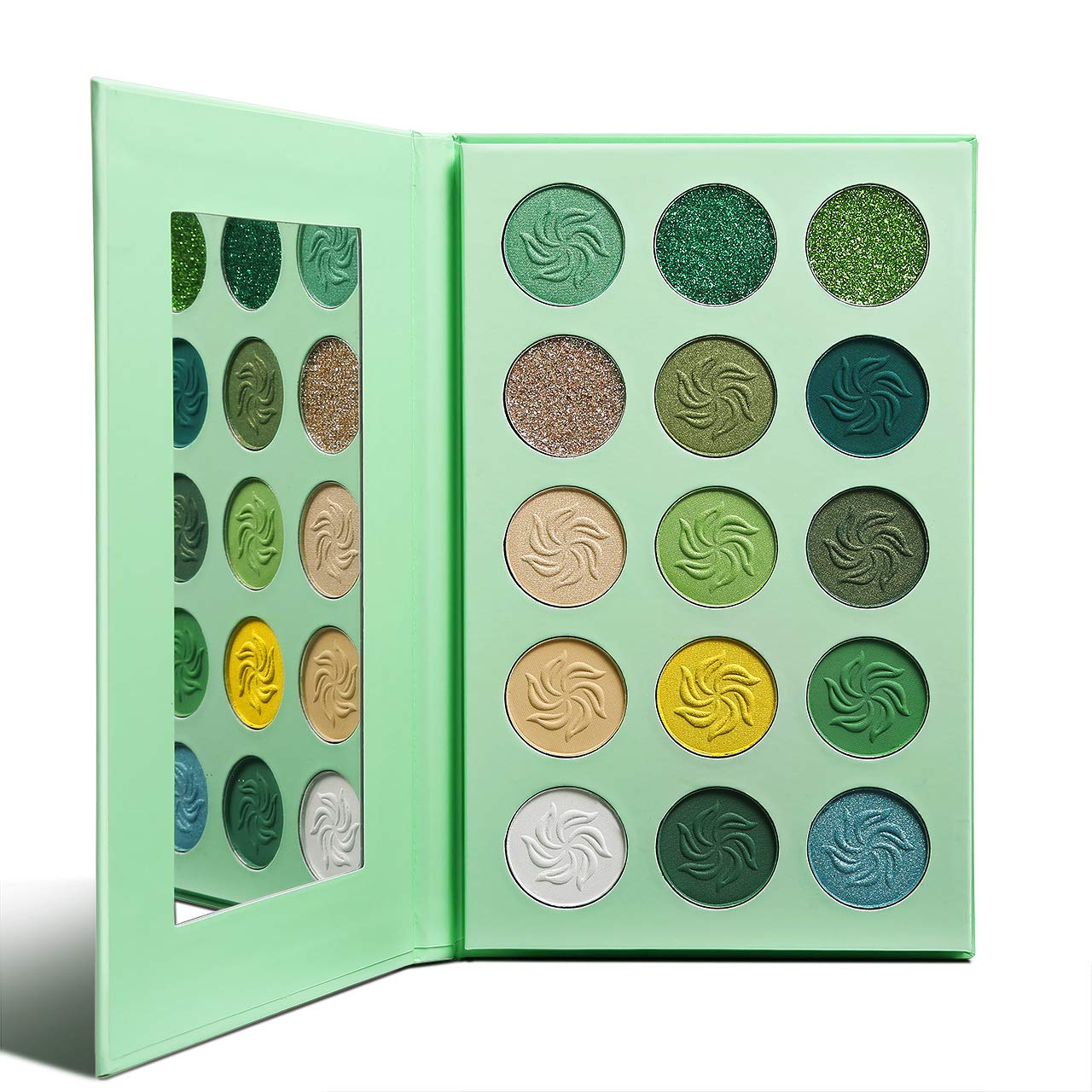Afflano green eyeshadow palette compact design fits makeup bag and routines.