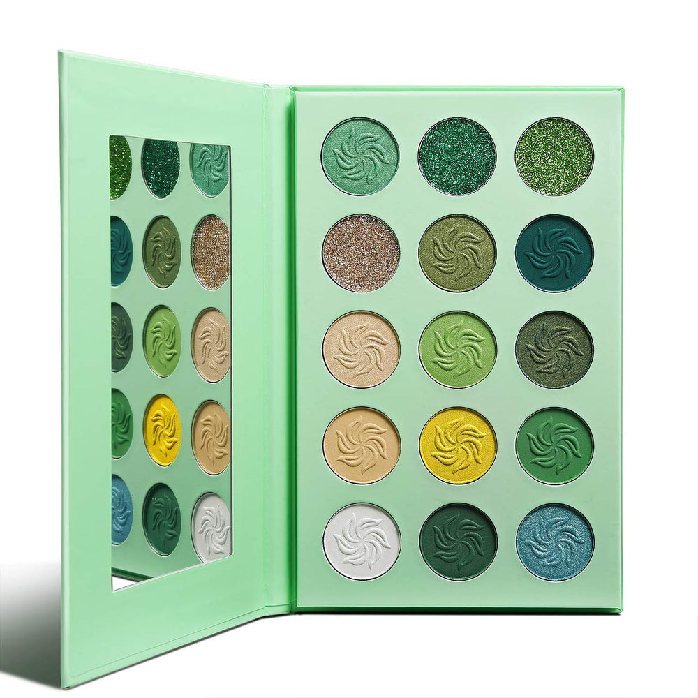 Afflano green eyeshadow palette compact design fits makeup bag and routines.