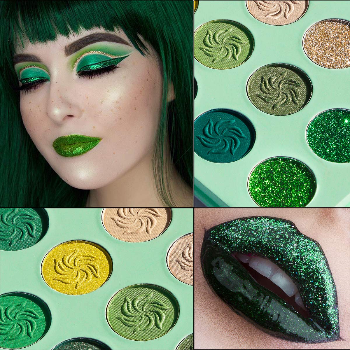 Afflano green eyeshadow palette color array shows matte, shimmer and glitter textures for depth.