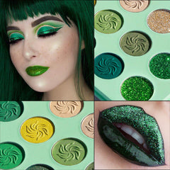 Afflano green eyeshadow palette color array shows matte, shimmer and glitter textures for depth.