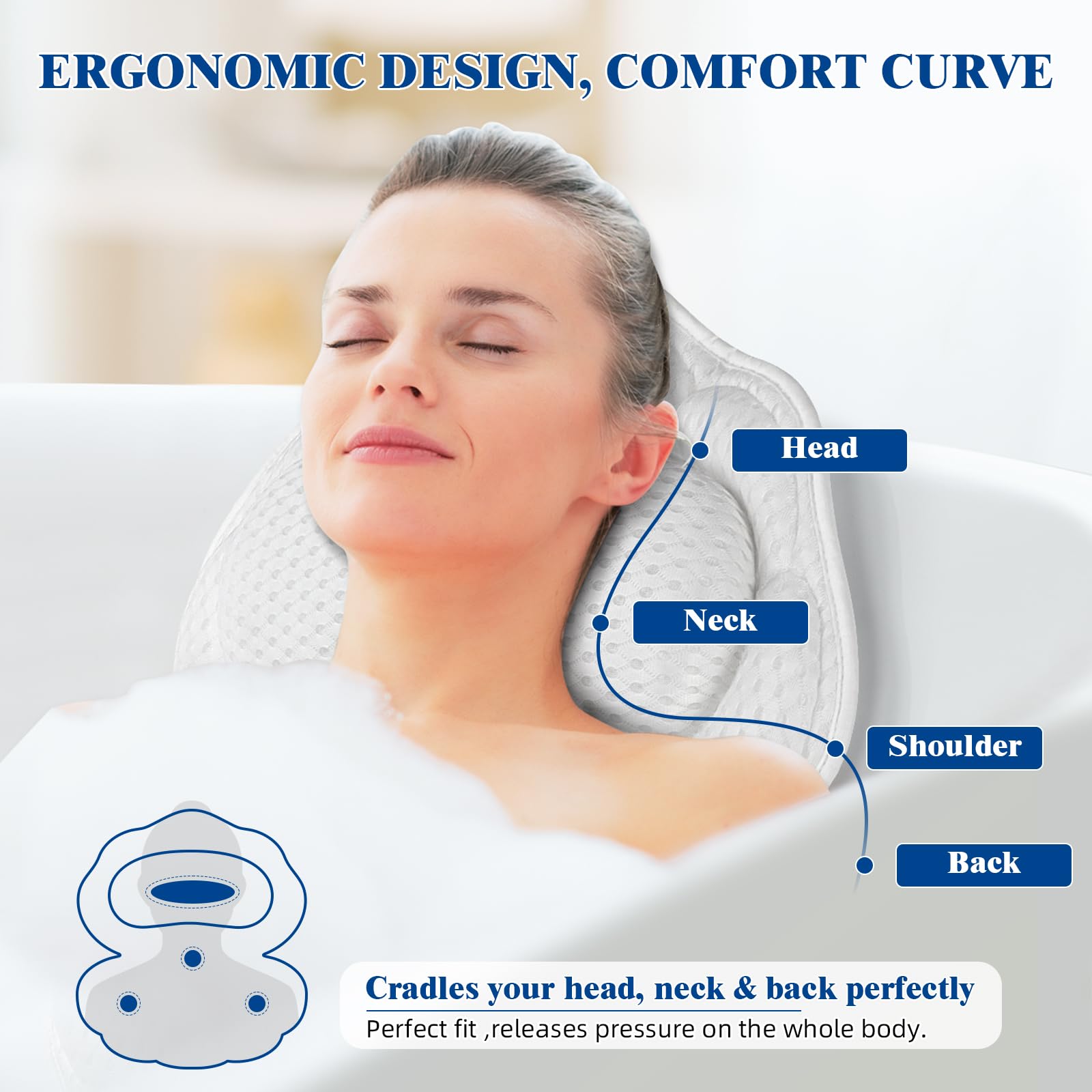 Afitton bath pillow features 4D air mesh for breathable, fast-drying use.