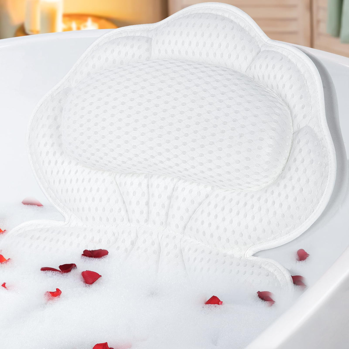 Afitton bath pillow headrest provides ergonomic neck support for a relaxing soak.